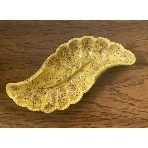 Vintage MCM Glazed Yellow Speckled Ceramic Ashtray Shell Fan Wave Handmade 1978 - Picture 4 of 10